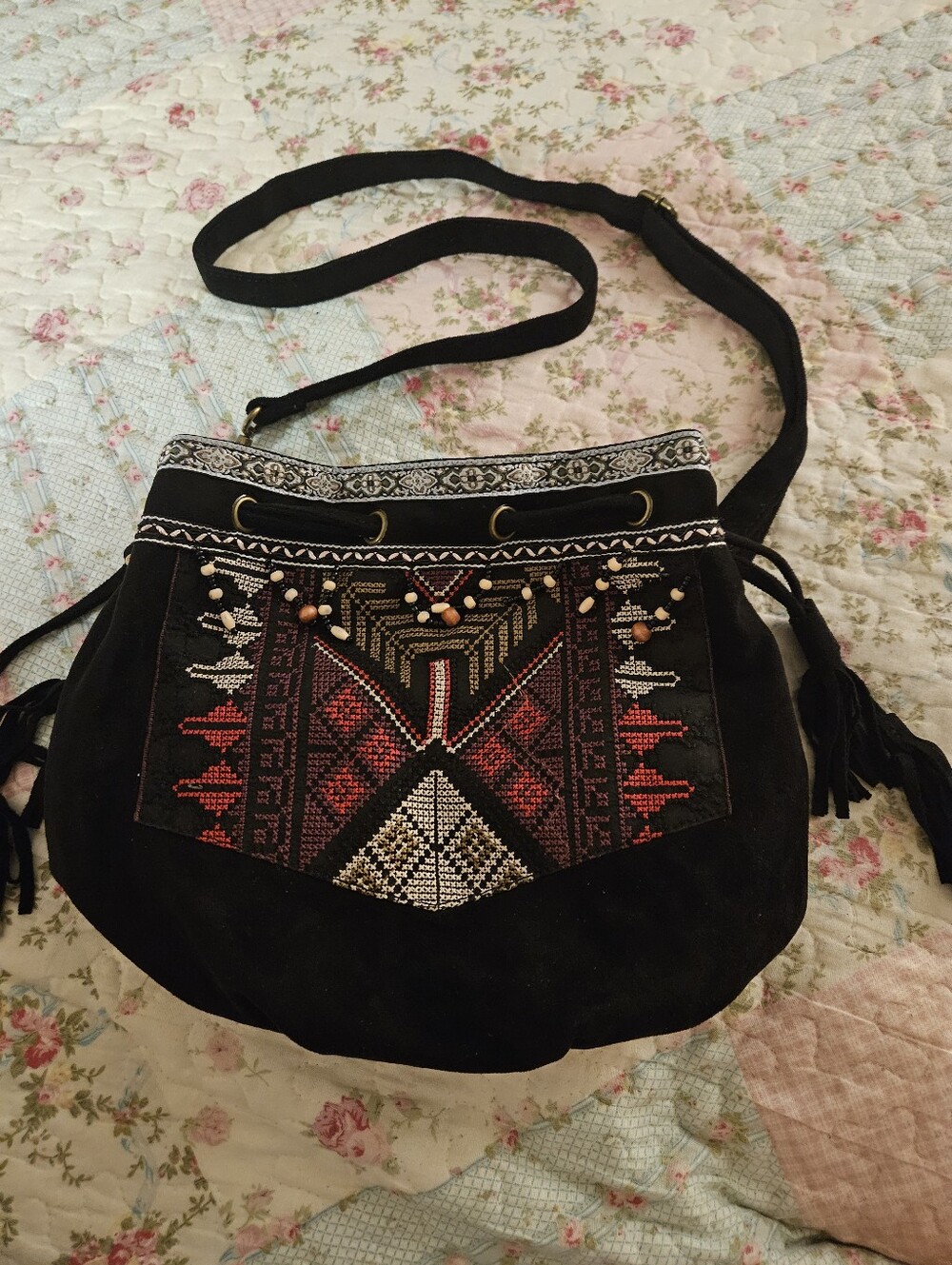 Crazy Lou  Black Suede Like Embroidered Crossbody Bag with Red and Gold Accents - Picture 6 of 6